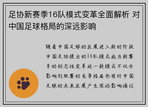 足协新赛季16队模式变革全面解析 对中国足球格局的深远影响